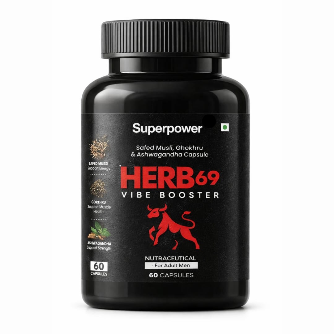 HERB69 Vibe Booster: Safed Musli, Gokhru aur Ashwagandha se bana Men’s Energy, Strength aur Performance badhane ka Powerful Formula